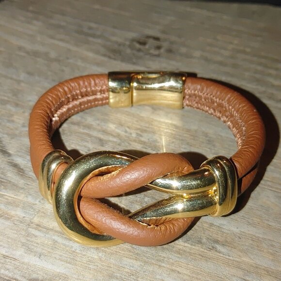 Bracelet Bellezza Italy Knot Brown Leather Gold Tone Magnetic Closure Stamped - Picture 4 of 11